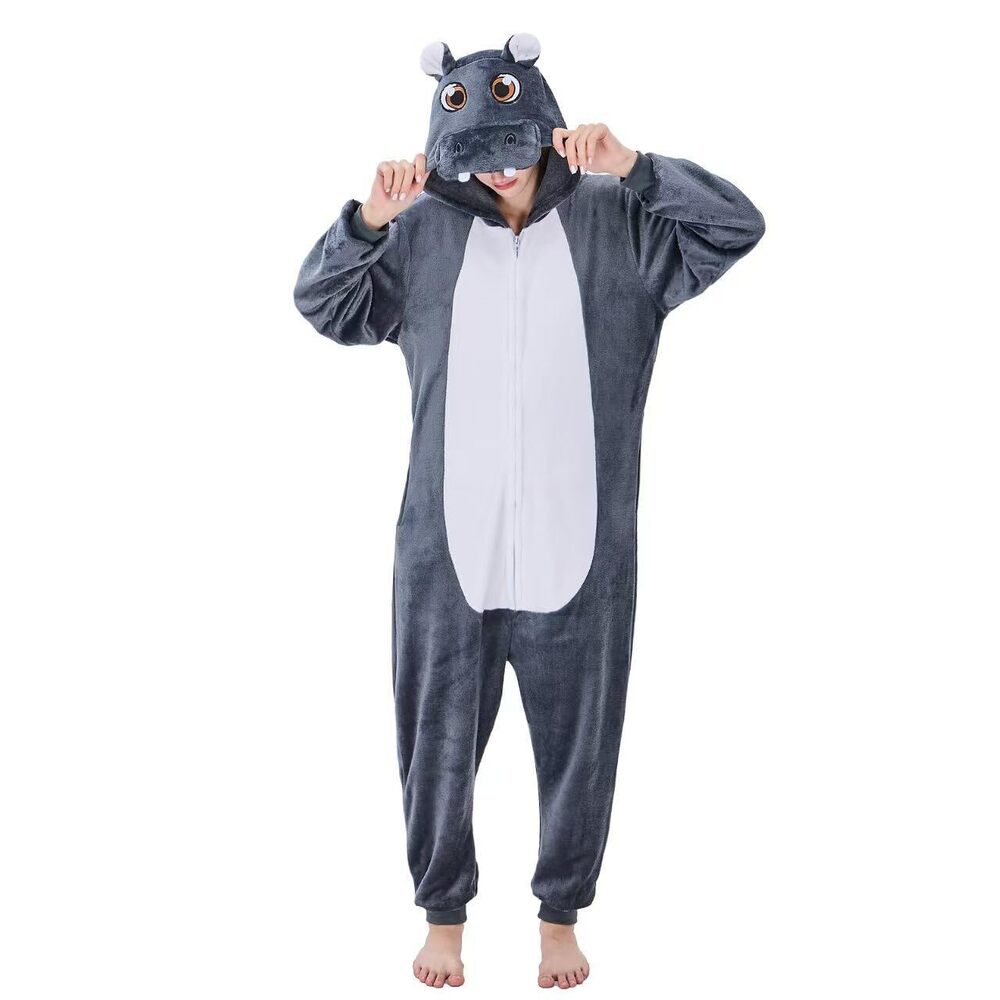 4474 Unisex Adult Onesie Pajamas Grey Hippo Animal One Piece Snug Fit